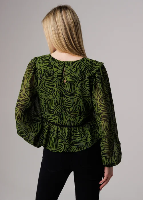 Influence Green Animal Print Ruffle V-Neck Long Balloon Sleeve Blouse - 12 Image 2