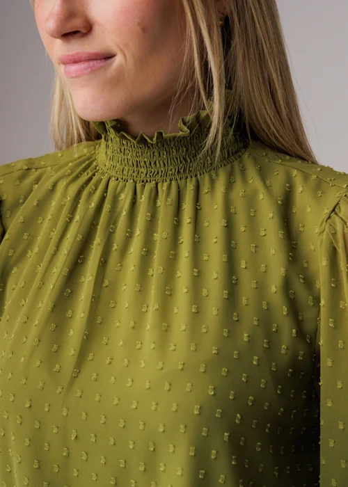 Influence Olive Textured High Neck Smock Long Sleeve Blouse - 8 Image 3