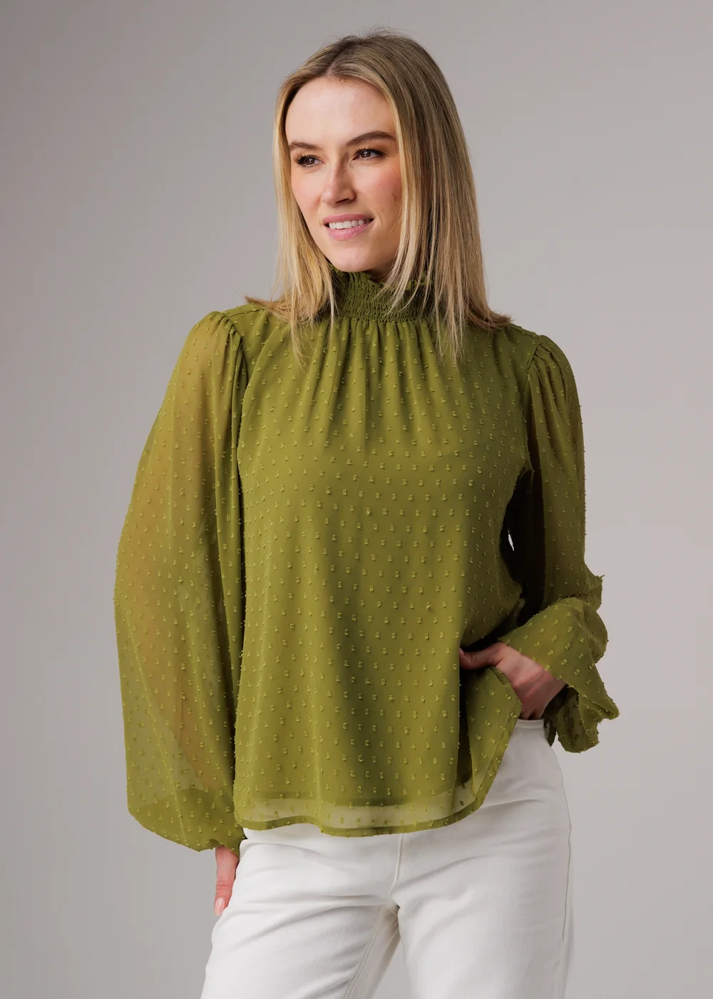 Influence Olive Textured High Neck Smock Long Sleeve Blouse - 8 Image 1