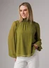 Influence Olive Textured High Neck Smock Long Sleeve Blouse - 8 Image 1
