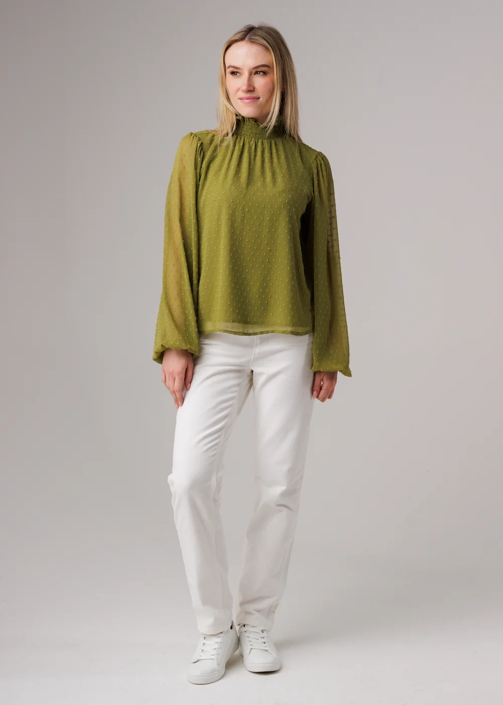 Influence Olive Textured High Neck Smock Long Sleeve Blouse - 8 Image 4
