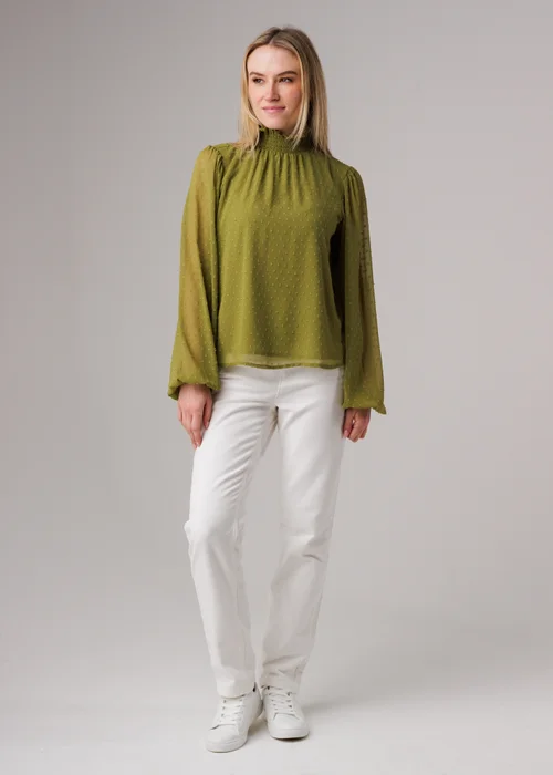 Influence Olive Textured High Neck Smock Long Sleeve Blouse - 8 Image 4