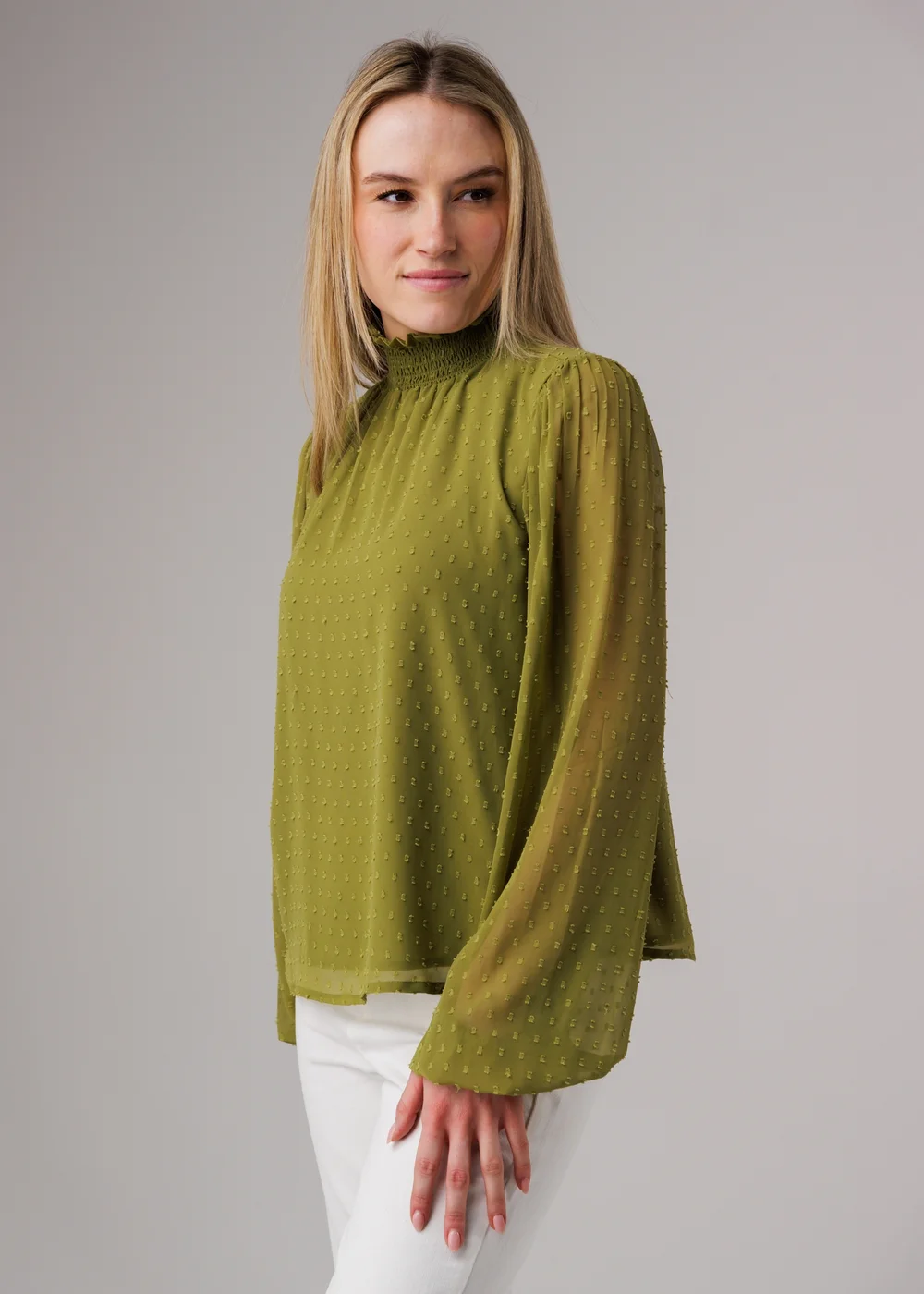 Influence Olive Textured High Neck Smock Long Sleeve Blouse - 8 Image 5