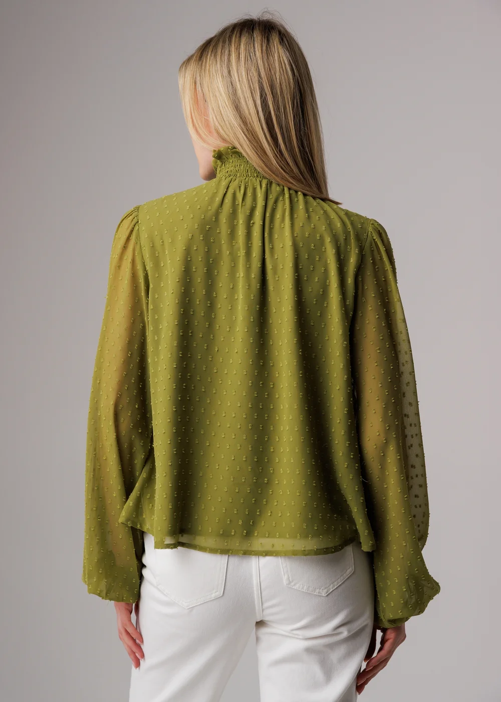 Influence Olive Textured High Neck Smock Long Sleeve Blouse - 8 Image 2
