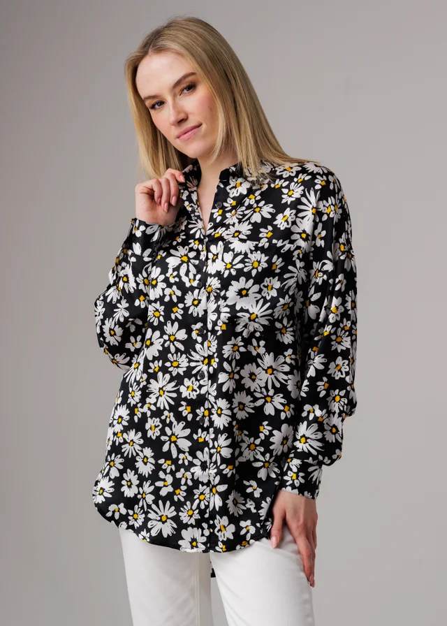 Influence Black Oversized Floral Print Long Sleeve Shirt