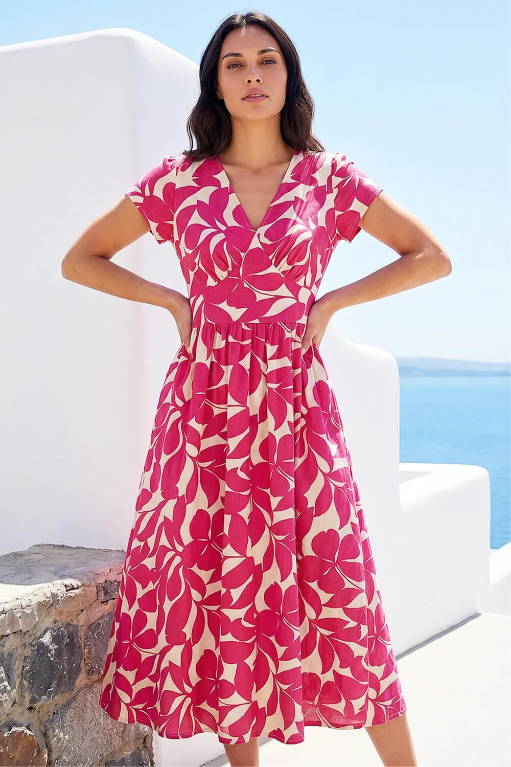 Roman Fuchsia Leaf Print V-Neck Midi Dress - 14 Image 1