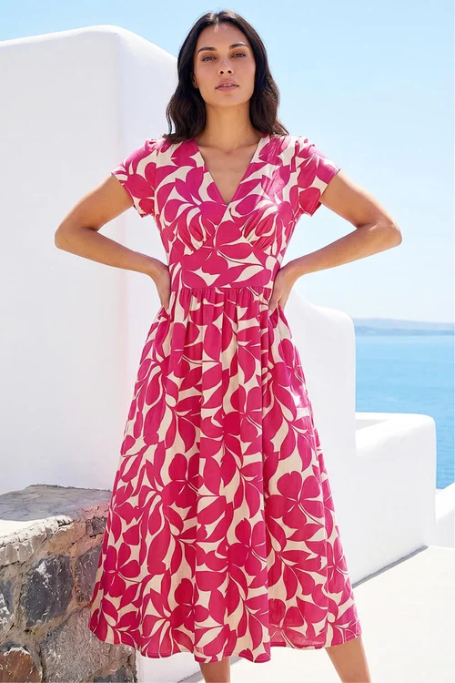 Roman Fuchsia Leaf Print V-Neck Midi Dress - 14 Image 1