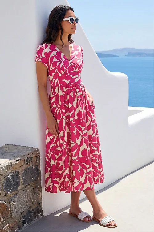 Roman Fuchsia Leaf Print V-Neck Midi Dress - 14 Image 2