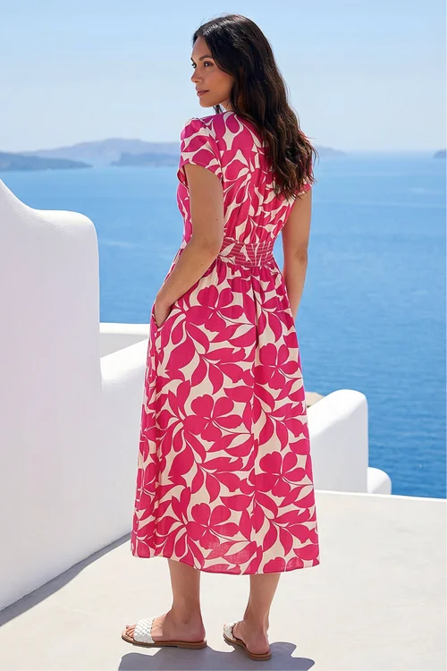 Roman Fuchsia Leaf Print V-Neck Midi Dress - 14 Image 3