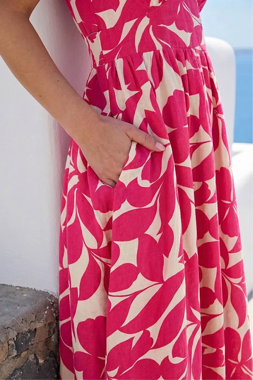 Roman Fuchsia Leaf Print V-Neck Midi Dress - 14 Image 4