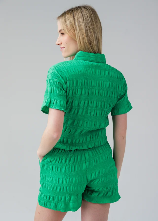 Influence Green Textured Smocked Tie Front Short Sleeve Shirt