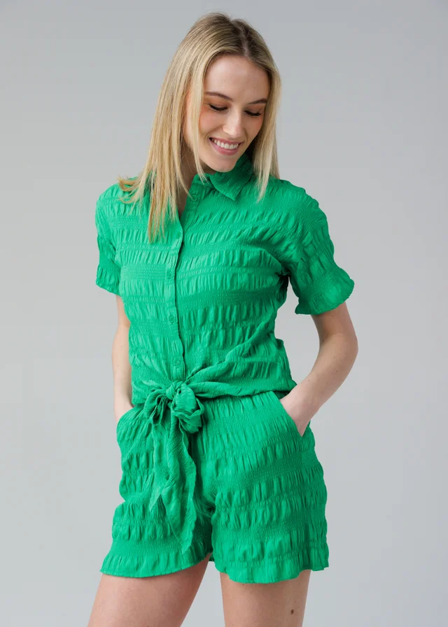 Influence Green Textured Smocked Tie Front Short Sleeve Shirt