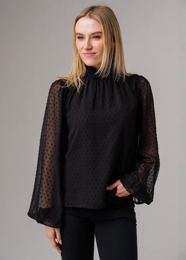 Influence Black Textured High Neck Smock Long Sleeve Blouse