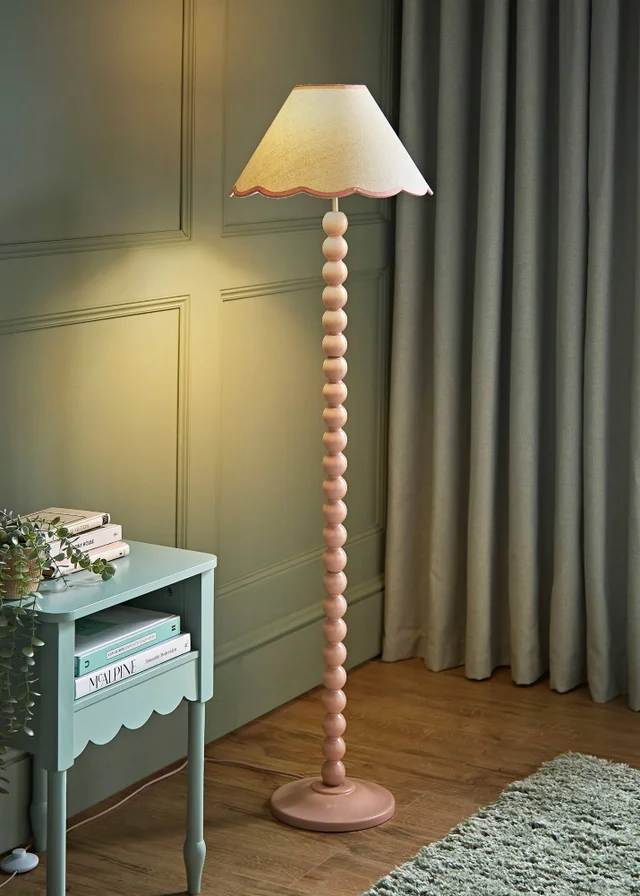 ValueLights Bobble Pink Floor Lamp with Pink Trim Scallop Shade