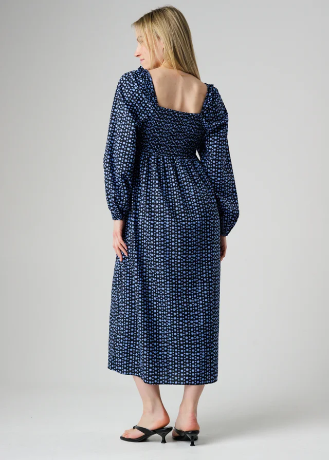 Wednesday’s Girl Blue Polka Dot Square Neck Frill Blouson Sleeve Midi Dress