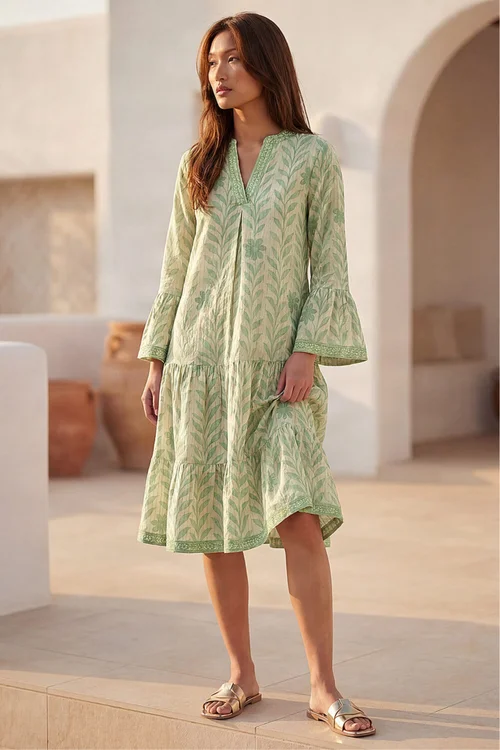 Roman Sage Leaf Print Tiered Boho Dress - 12 Image 1
