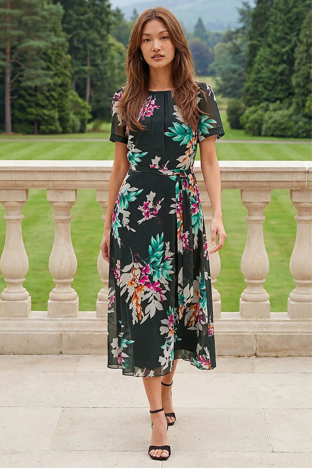 Roman Black Floral Print Pleat Neck Midi Dress - 14 Image 1