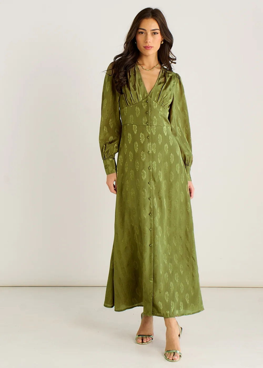 Gini London Green LS Floral Satin Jacquard Maxi Dress - 10 Image 1