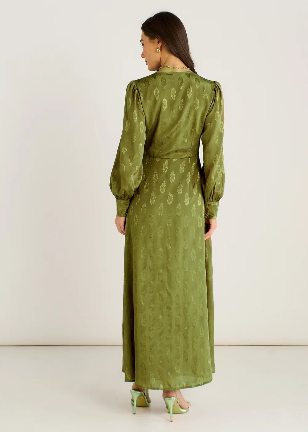 Gini London Green LS Floral Satin Jacquard Maxi Dress - 10 Image 2