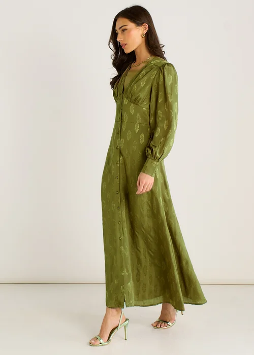 Gini London Green LS Floral Satin Jacquard Maxi Dress - 10 Image 4