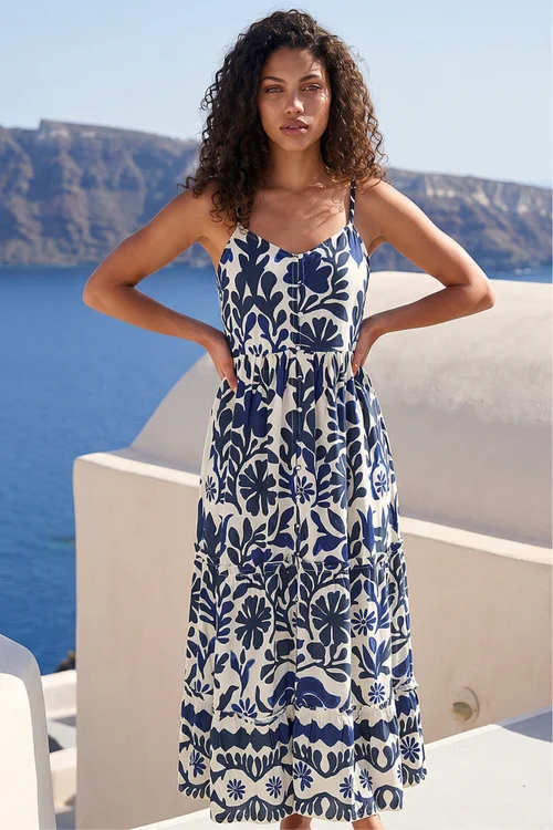 Roman Navy Petite Print Strappy Button Midi Dress - 12 Image 2