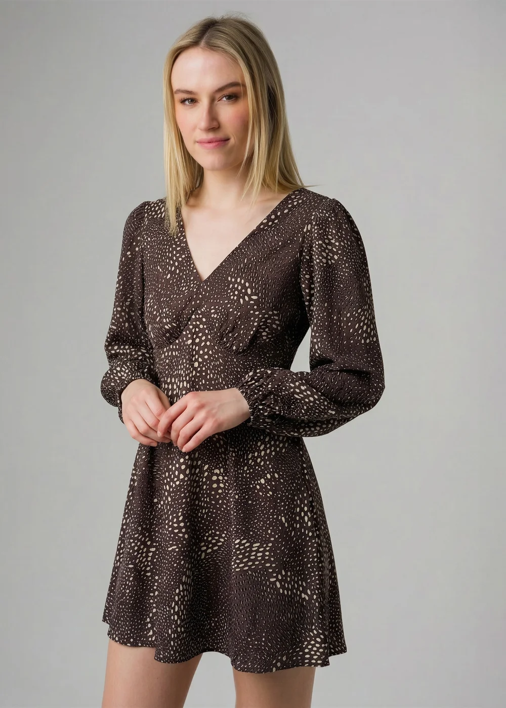 Wednesday’s Girl Brown Long Sleeve V Neck Dot Mini Dress - 10 Image 1