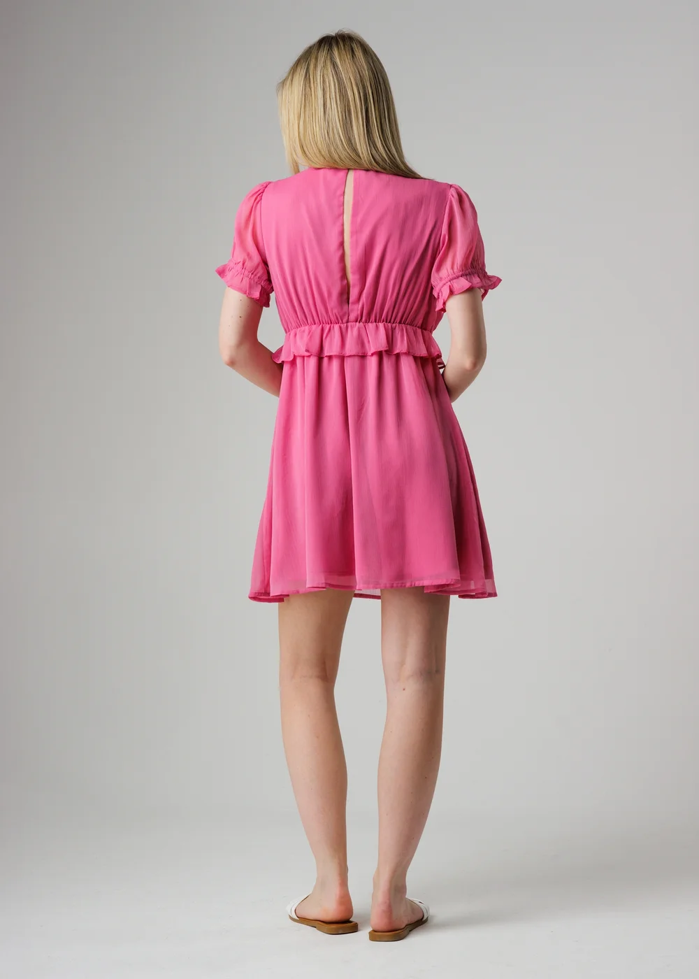 Wednesday’s Girl Pink Ruffle Detail Puff Sleeve Mini Smock Dress - M Image 2