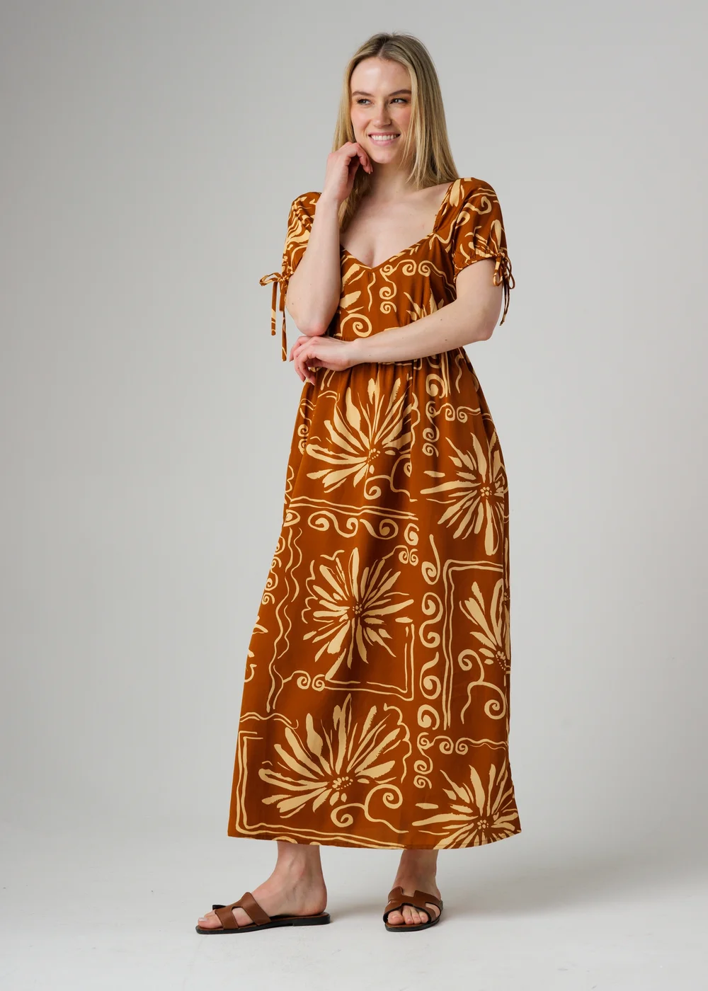 Wednesday’s Girl Brown Floral Puff Sleeve Maxi Dress Tie Detail - M Image 1