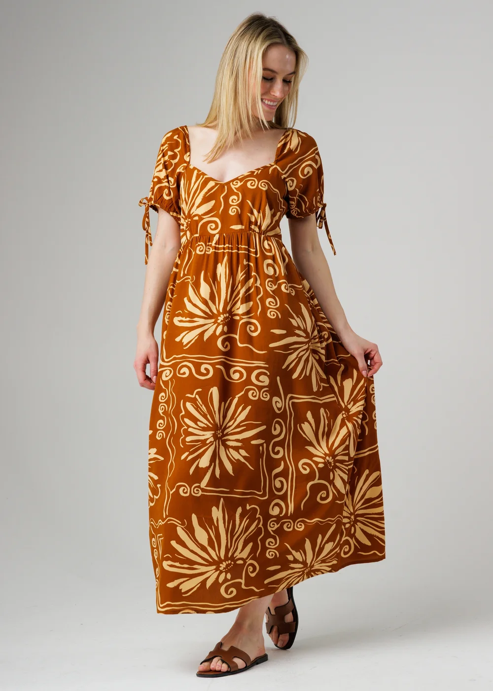 Wednesday’s Girl Brown Floral Puff Sleeve Maxi Dress Tie Detail - M Image 4
