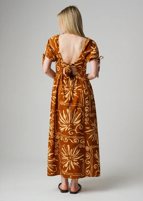 Wednesday’s Girl Brown Floral Puff Sleeve Maxi Dress Tie Detail - M Image 2