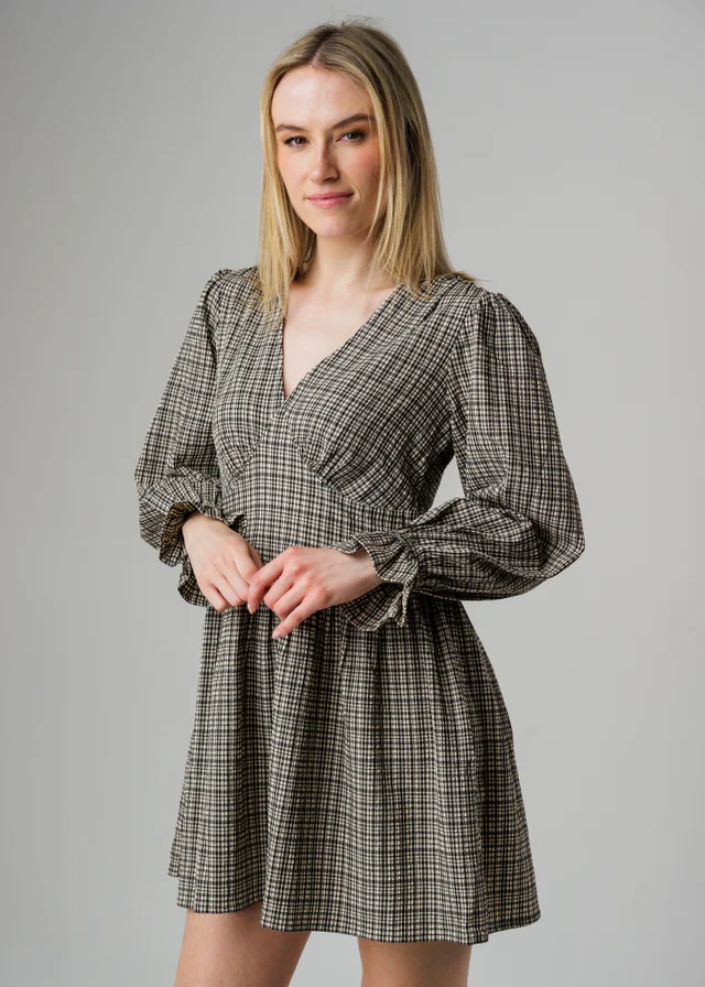Wednesday’s Girl Black Check Print V Neck Frill Cuff Long Sleeve Mini Dress