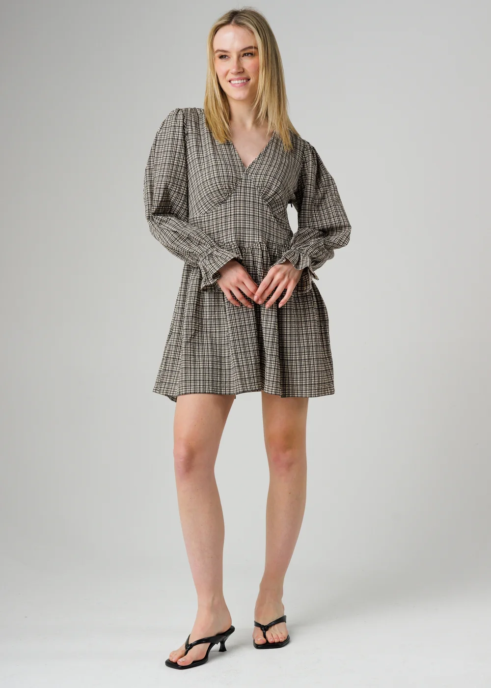 Wednesday’s Girl Black Check Print V Neck Frill Cuff Long Sleeve Mini Dress - XS Image 2