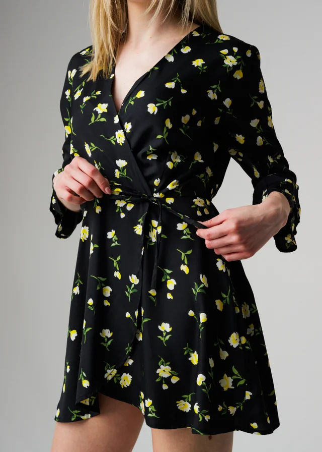 Wednesday’s Girl Black Floral Print Frill Sleeve Wrap Mini Dress