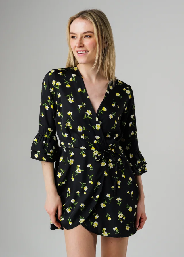 Wednesday’s Girl Black Floral Print Frill Sleeve Wrap Mini Dress
