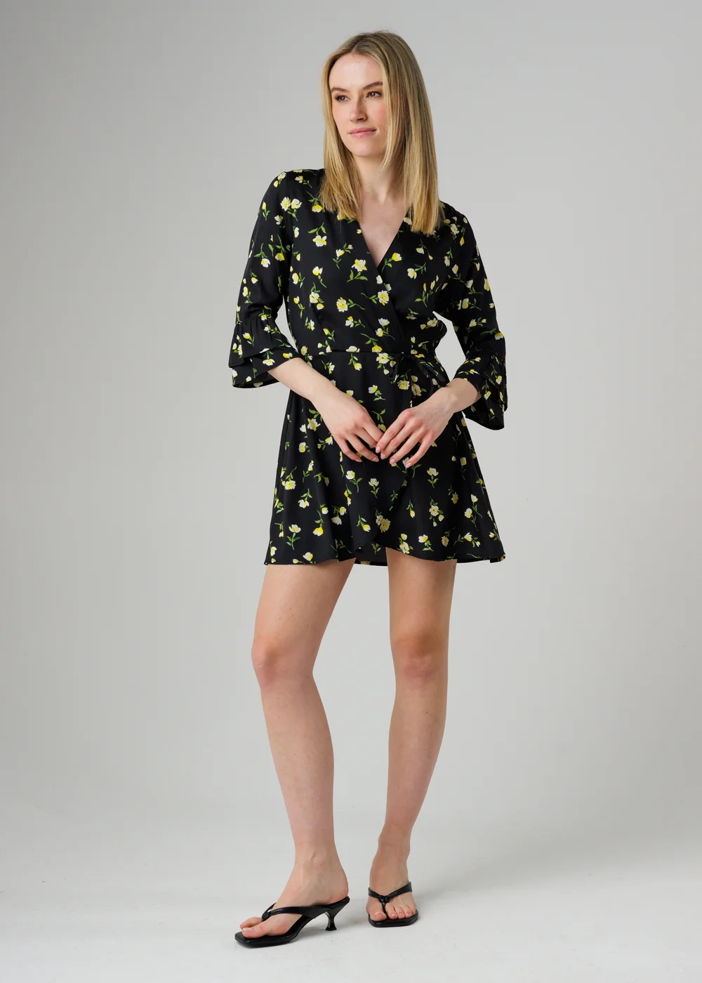 Wednesday’s Girl Black Floral Print Frill Sleeve Wrap Mini Dress - S Image 3