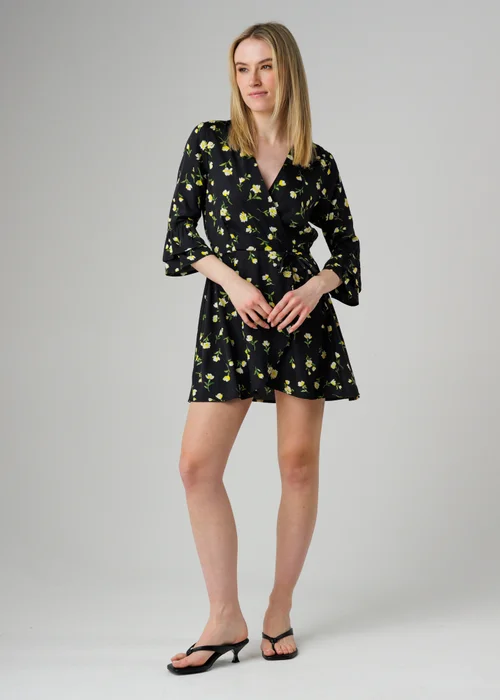 Wednesday’s Girl Black Floral Print Frill Sleeve Wrap Mini Dress - S Image 3