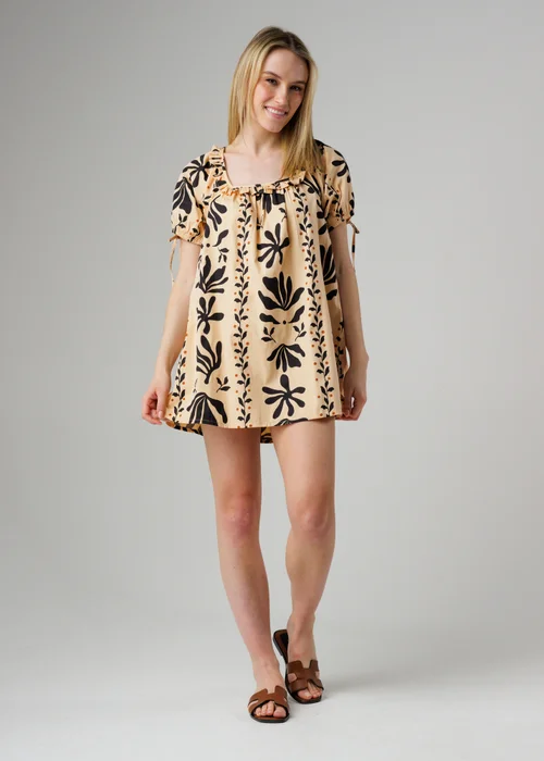 Wednesday’s Girl Beige Cotton Floral Puff Sleeve Smock Mini Dress - M Image 1
