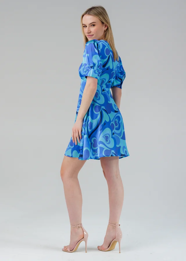 Influence Blue Short Sleeve Plunge Neck Printed Tea Dress