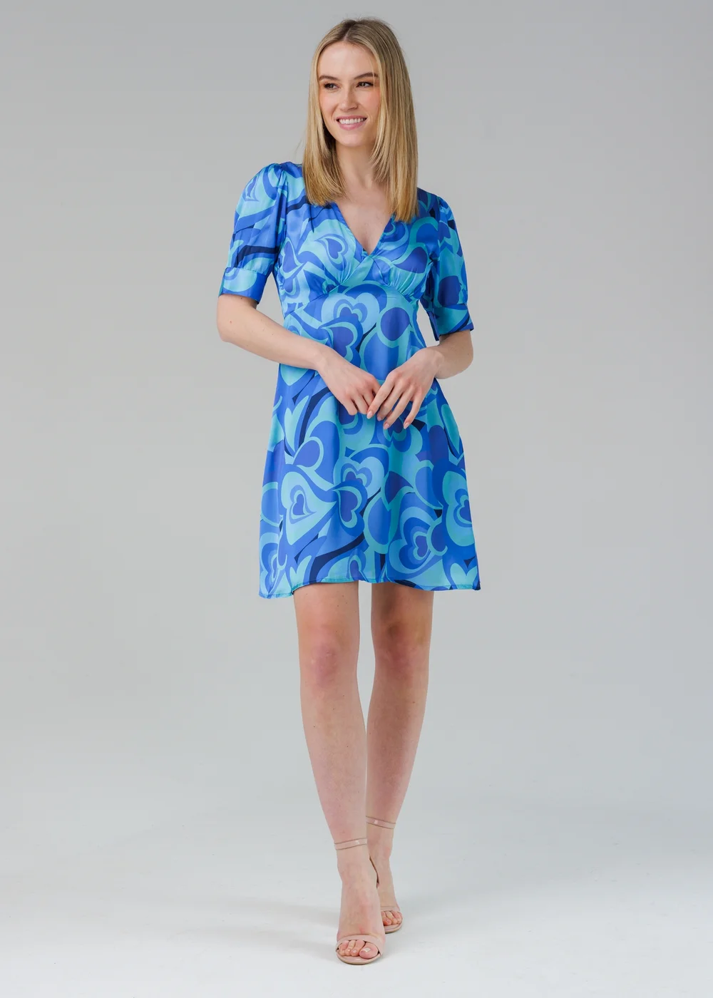 Influence Blue Short Sleeve Plunge Neck Printed Tea Dress - 14 Image 1