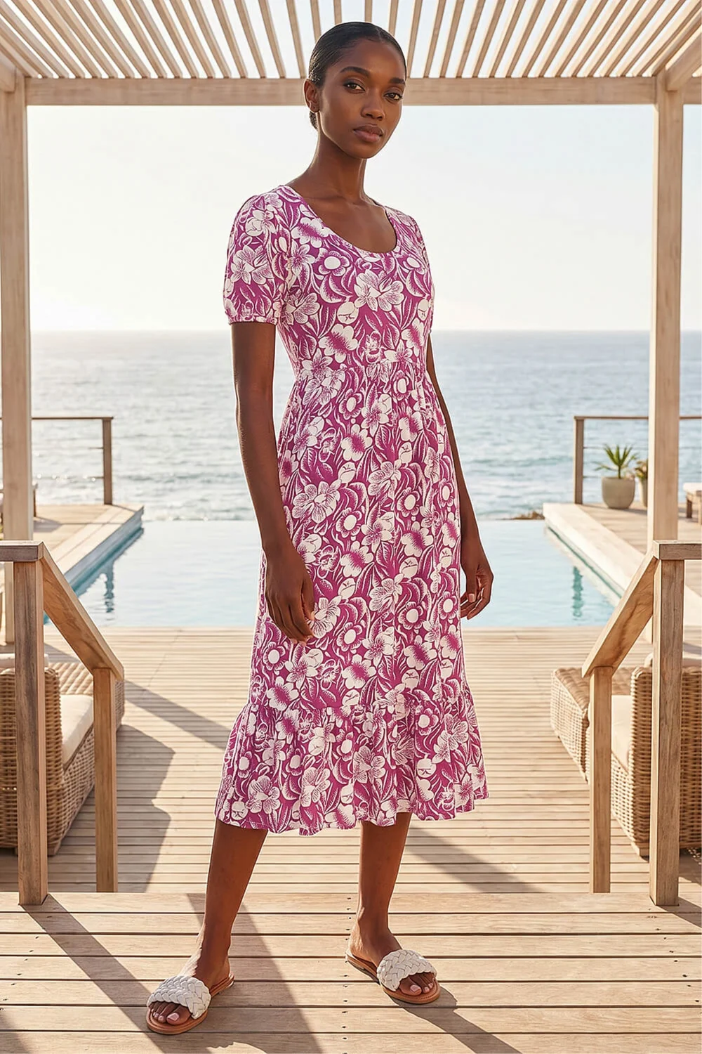 Roman Purple Petite Floral Print Frill Midi Dress - 14 Image 1