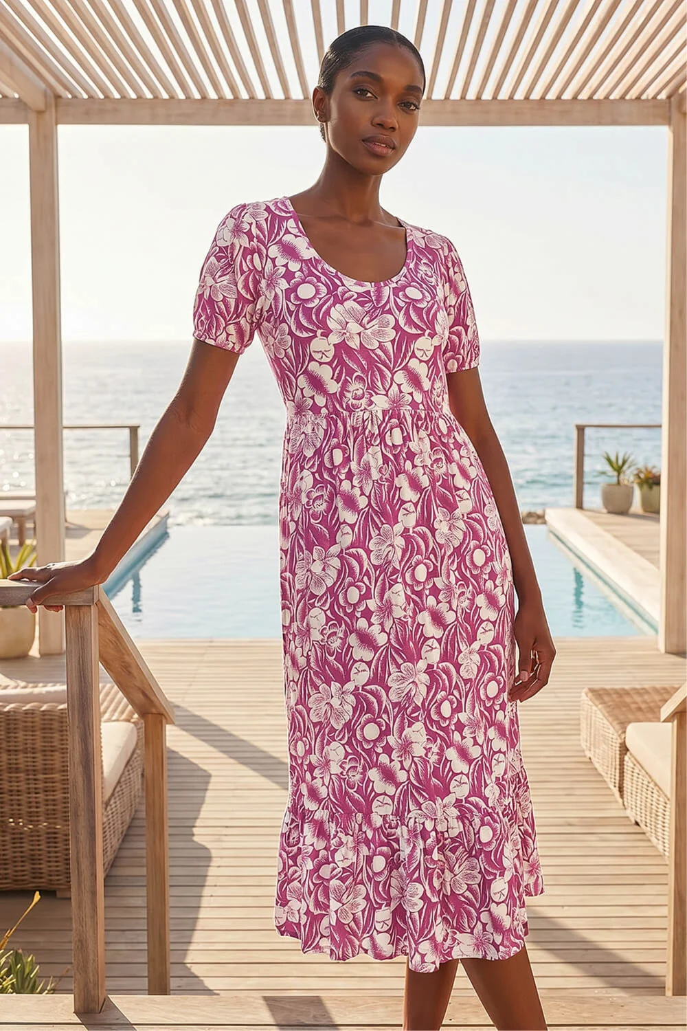 Roman Purple Petite Floral Print Frill Midi Dress - 14 Image 2