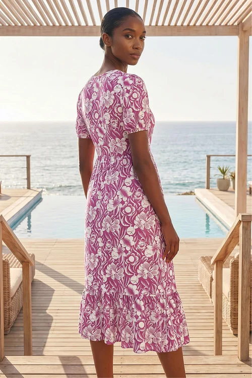 Roman Purple Petite Floral Print Frill Midi Dress - 14 Image 3