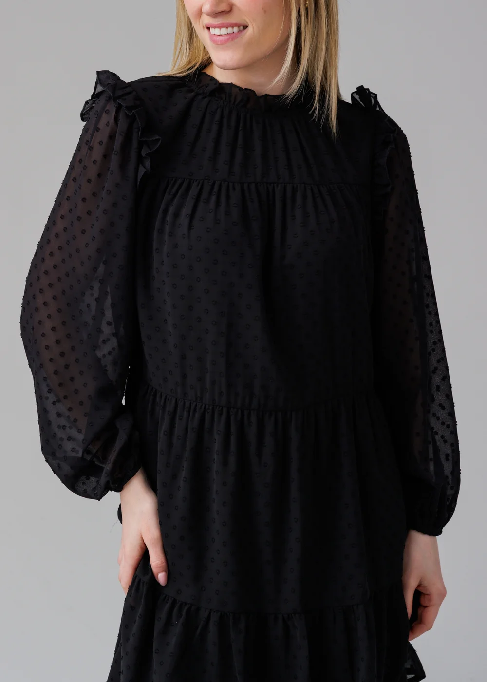 Influence Black Long Sleeve Multi-Tiered Ruffle Smock Mini Dress - 12 Image 3