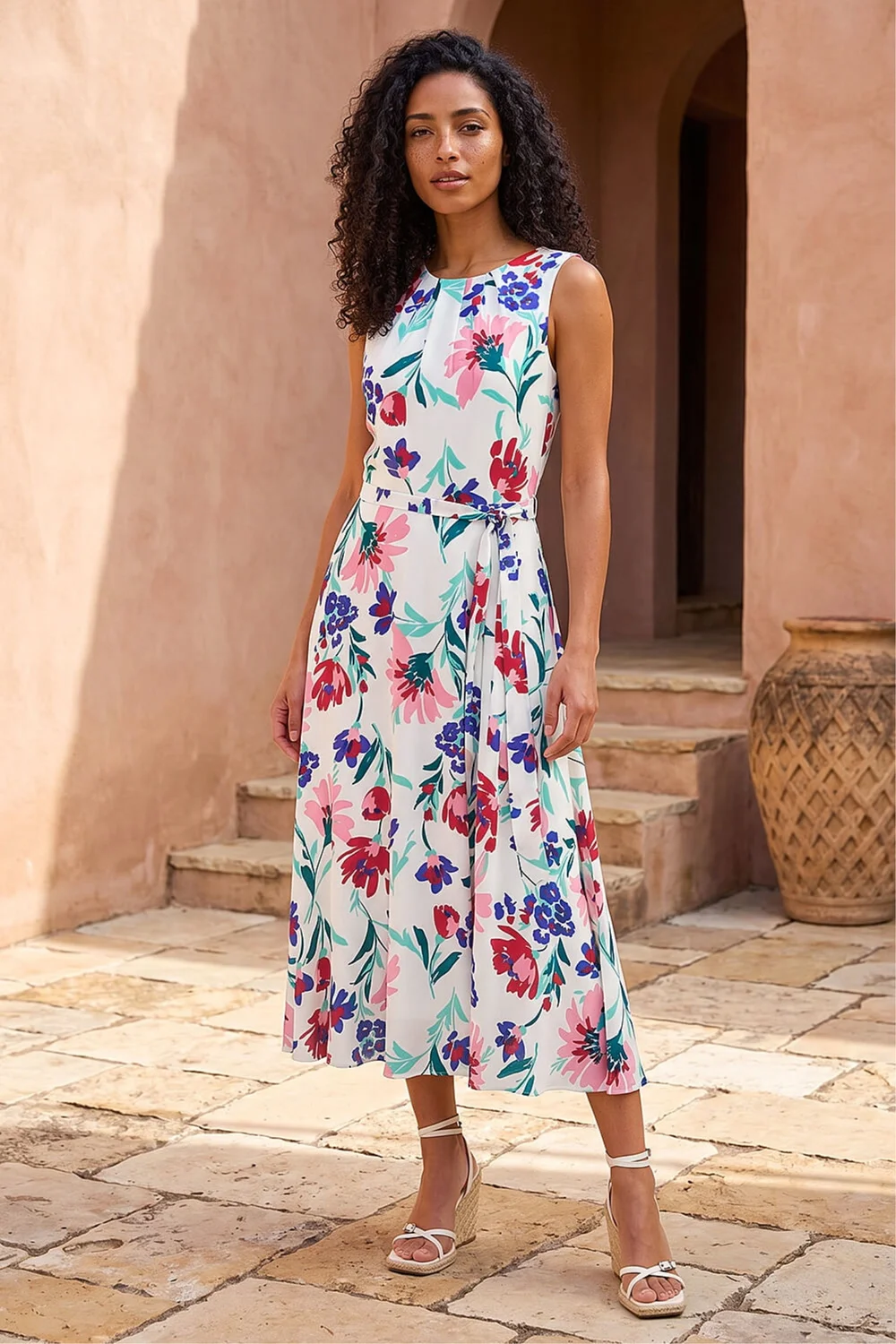 Roman Ivory Pleat Neck Floral Midi Dress - 12 Image 2