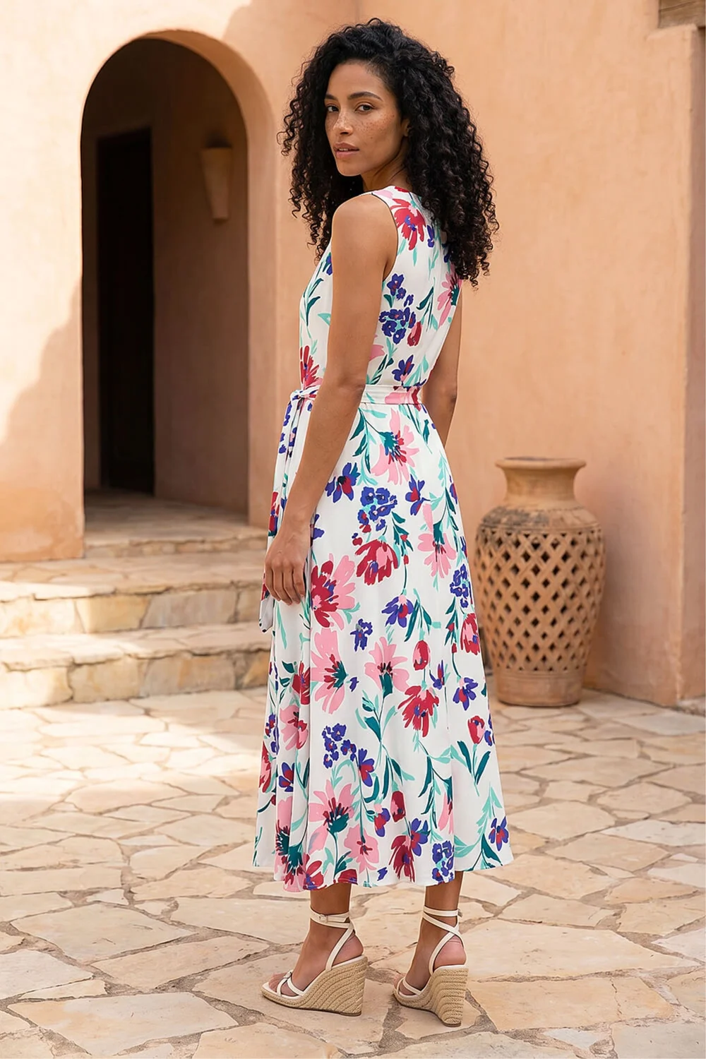 Roman Ivory Pleat Neck Floral Midi Dress - 12 Image 3