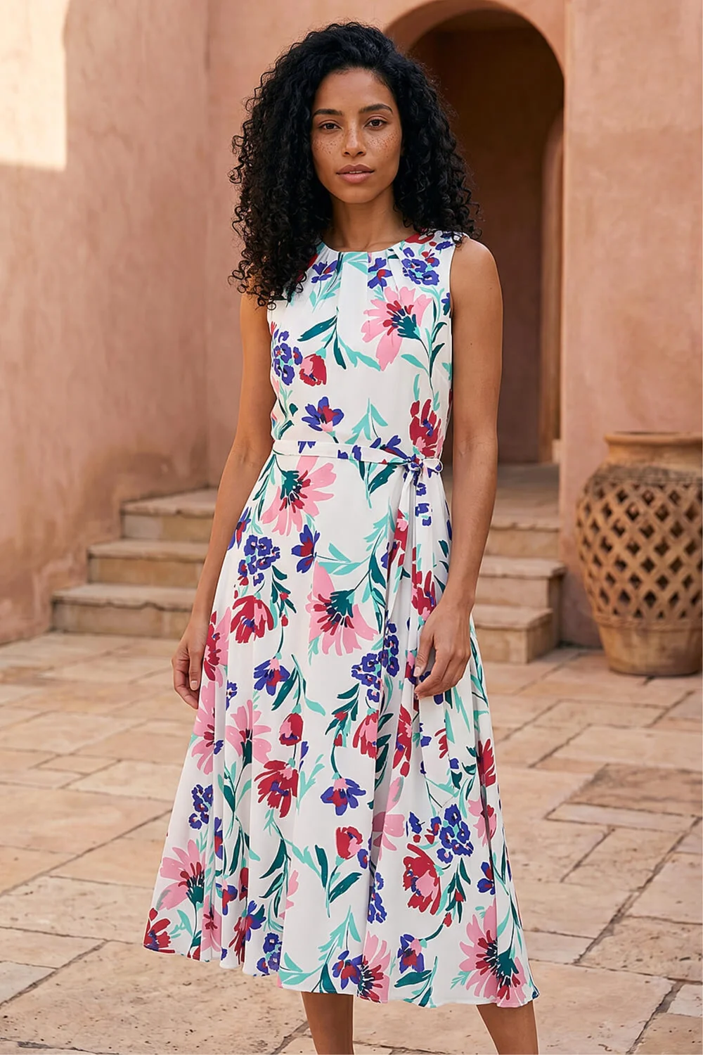Roman Ivory Pleat Neck Floral Midi Dress - 12 Image 1