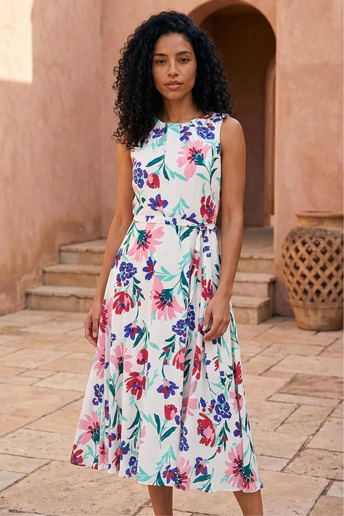 Roman Ivory Pleat Neck Floral Midi Dress - 12 Image 1