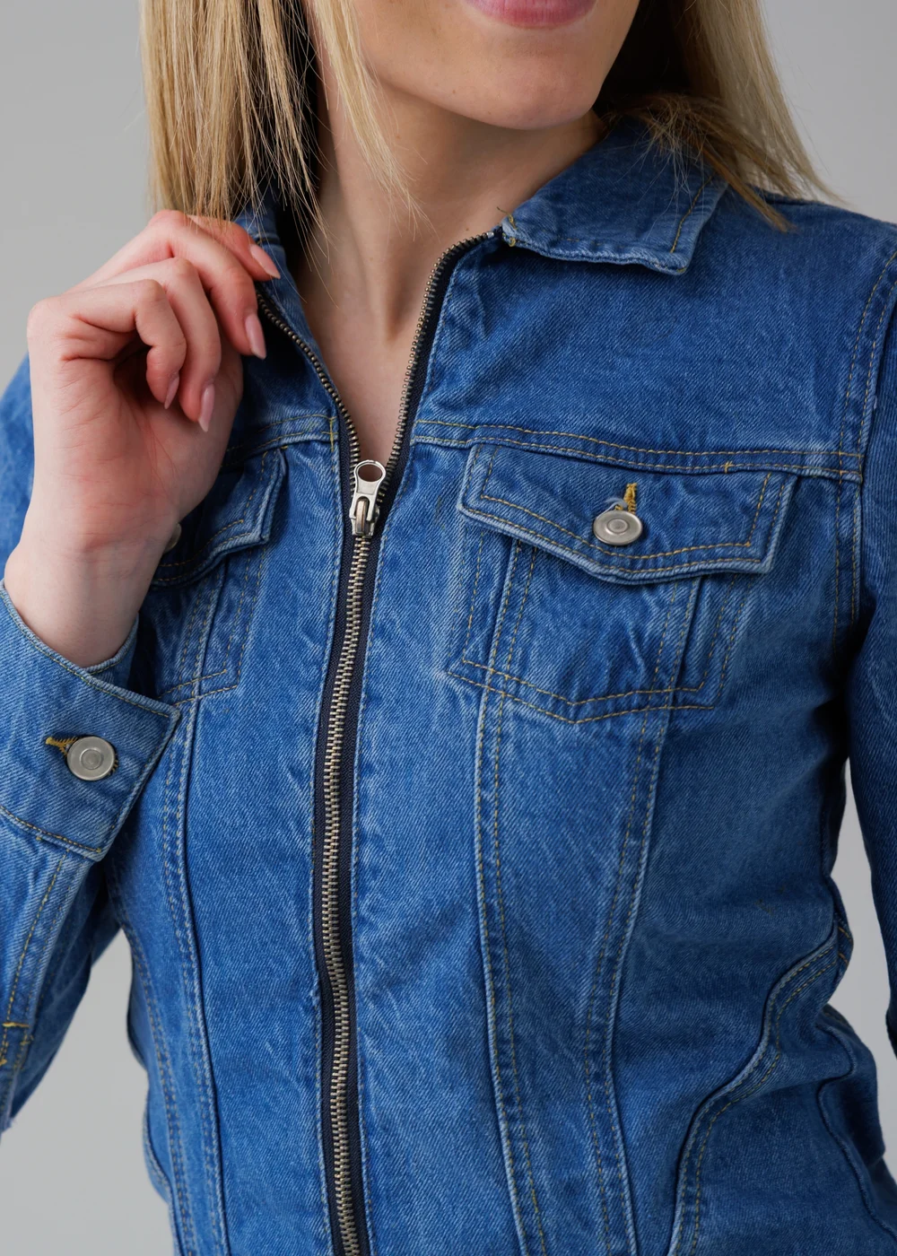 Influence Blue Cotton Long Sleeve Zip Fastening Collared Denim Mini Dress - 10 Image 3