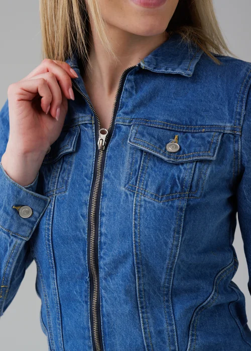 Influence Blue Cotton Long Sleeve Zip Fastening Collared Denim Mini Dress - 10 Image 3