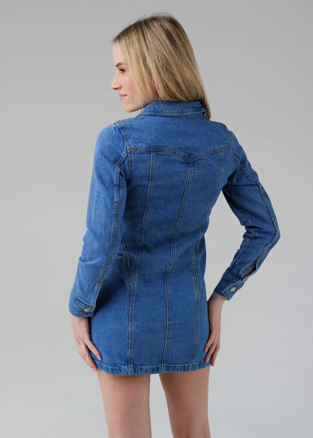 Influence Blue Cotton Long Sleeve Zip Fastening Collared Denim Mini Dress